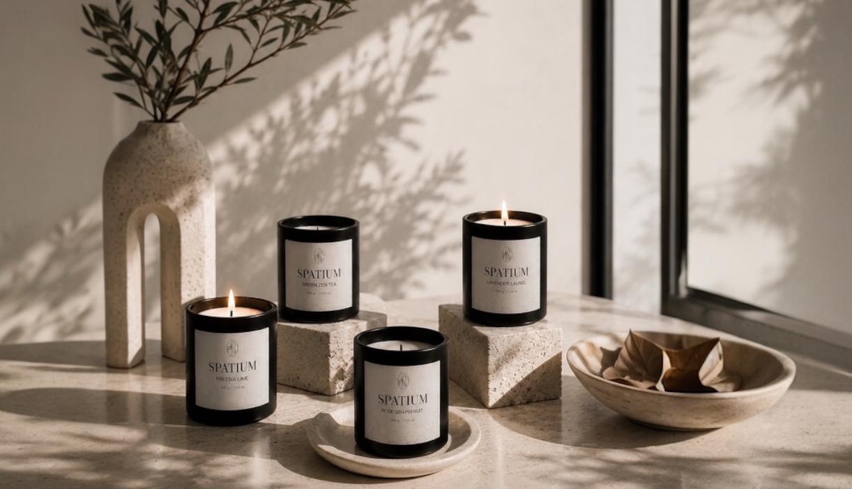 SPATIUM candle collection arranged on stone pedestals in natural daylight.